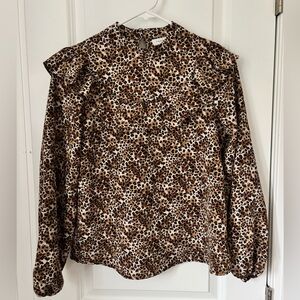 Leopard Print Ruffled Long-Sleeve Blouse